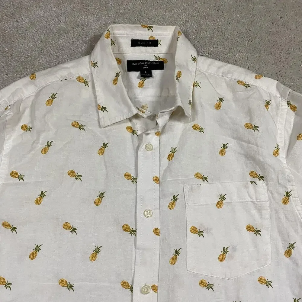 Banana Republic Shirt Mens L White Pineapple Print Linen Long Sleeve Button Up
